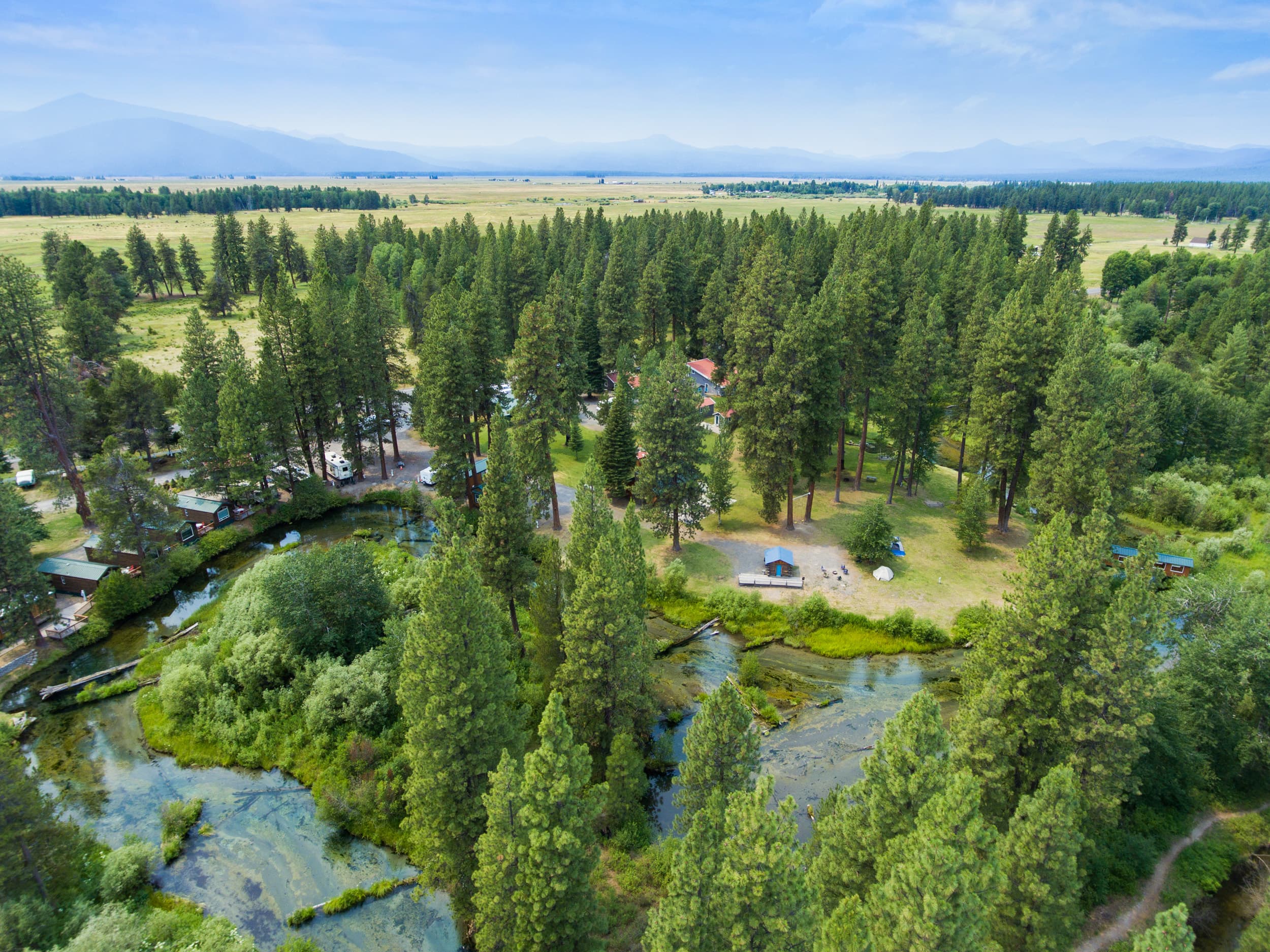 Aerial drone view of Crater Lake Resort along Fort Creek
